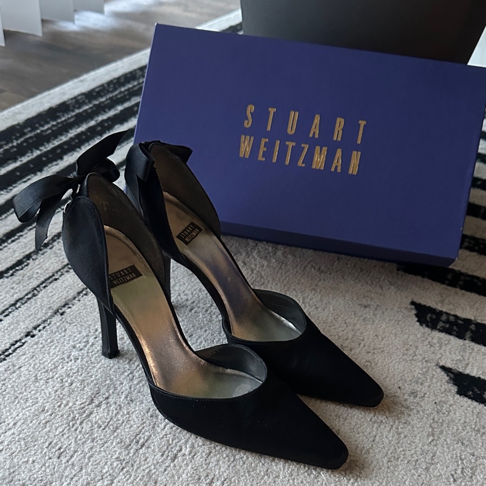Stuart Weitzman Bowfriend Black Satin Heels